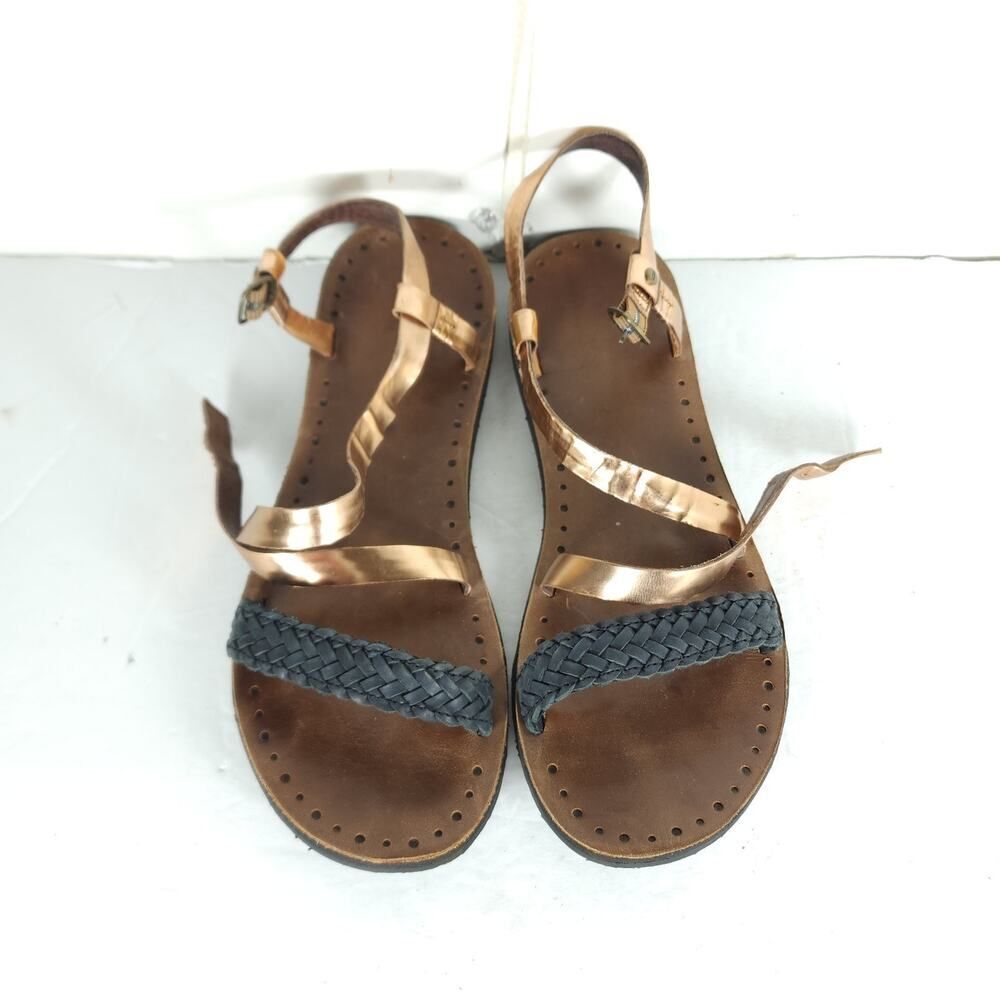 UGG Women's Jordyne US9 Leather Metallic Rose Copper Black Braided Sandals - Picture 3 of 16